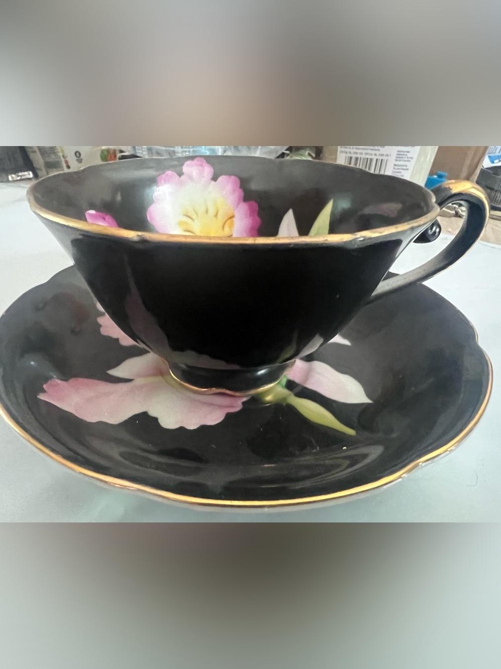 Vintage Black Floral Gold-Rim Teacup and Saucer Made in Japan
